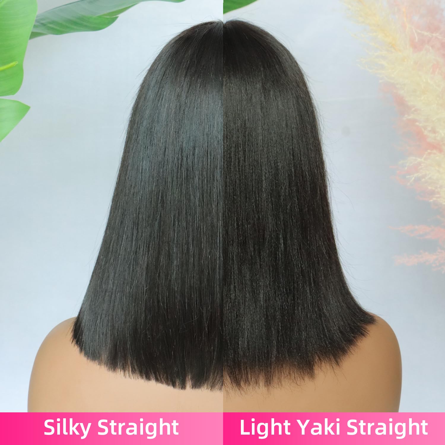 10 Inch Yaki Straight Bob Wig Human Hair with Bangs 1X4 Lace Short Black Bob Wigs with Breathable Cap Blunt Cut Bob Wig 200 Density For Women