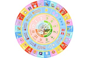 GRAMBET ABC Round Kids Rug for Playroom, 4ft Alphabet Small Classroom Rug, Educational Kids Play Mat With Number Shape Animal Season, Learning Area Rug for Nursery Bedroom Kidsroom, Colorful Non-Slip Washable