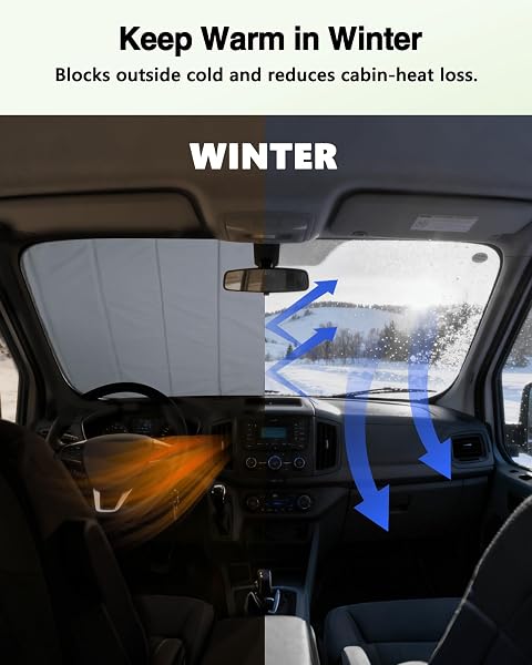 VANHOXCCI INSULATED BLACKOUT WINDSHIELD COVER FOR PRIVACY & SUN PROTECTION, ALL-SEASON VAN LIFE CAMPING WINDOW SHADE, FIT FOR FORD TRANSIT 150 250 350 MEDIUM/HIGH ROOF 2015-2025, GRAY
