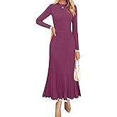 ZESICA Women's Long Sleeve Sweater Dress Fall 2026 Crewneck Ribbed Knit Pleated A-Line Maxi Wedding Guest Dresses