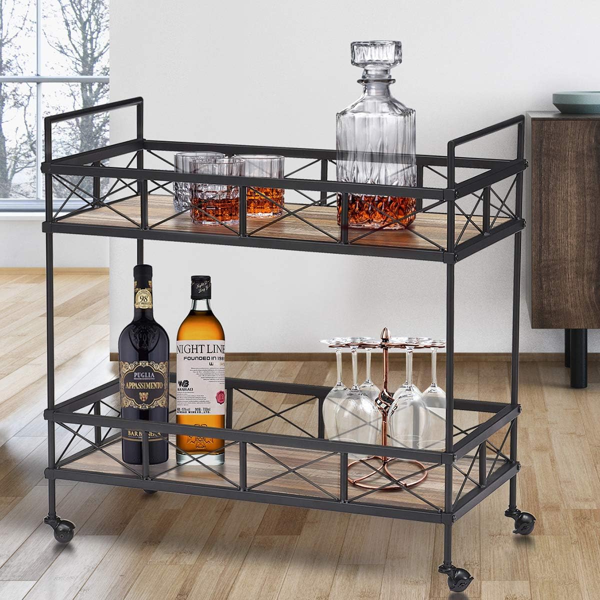 O&K FURNITURE Industrial Bar Serving Cart with Wheels, 2-Tier Kitchen Storage Cart, Rectangular Mobile Bar Cart for Home Kitchen, Vintage Brown, 31.5”W x 16”D x 32”H, (1-PC)