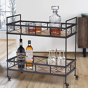 O&K FURNITURE Industrial Bar Serving Cart with Wheels, 2-Tier Kitchen Storage Cart, Rectangular Mobile Bar Cart for Home Kitchen, Vintage Brown, 31.5”W x 16”D x 32”H, (1-PC)