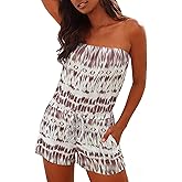 Sumtory Women Sleeveless Jumpsuit Off Shoulder Printed Romper Bohemia Beachwear Vacation Outfits Khaki M