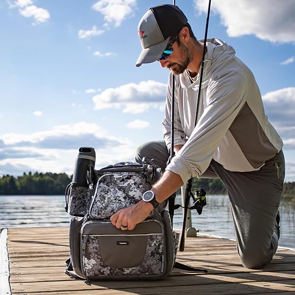PISCIFUN FISHING TACKLE BACKPACK WITH ROD HOLDER & 4 TACKLE BOXES, OUTDOOR GEAR STORAGE TACKLE BAG WITH PROTECTIVE RAIN COVER, VEIL CAMOUFLAGE
