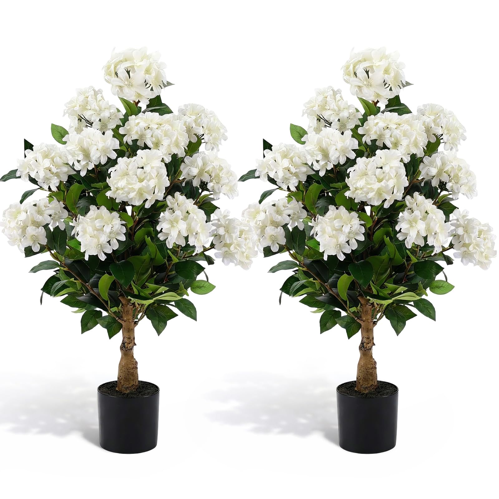 Photo 1 of Lunmon 2 Pack 3ft Artificial Hydrangea Tree Faux Hydrangea Plants Indoor Outdoor Fake Flower Trees with Cement Base Pot Real Touch Plant Decoration for Home Garden Office Housewarming Wedding(White)