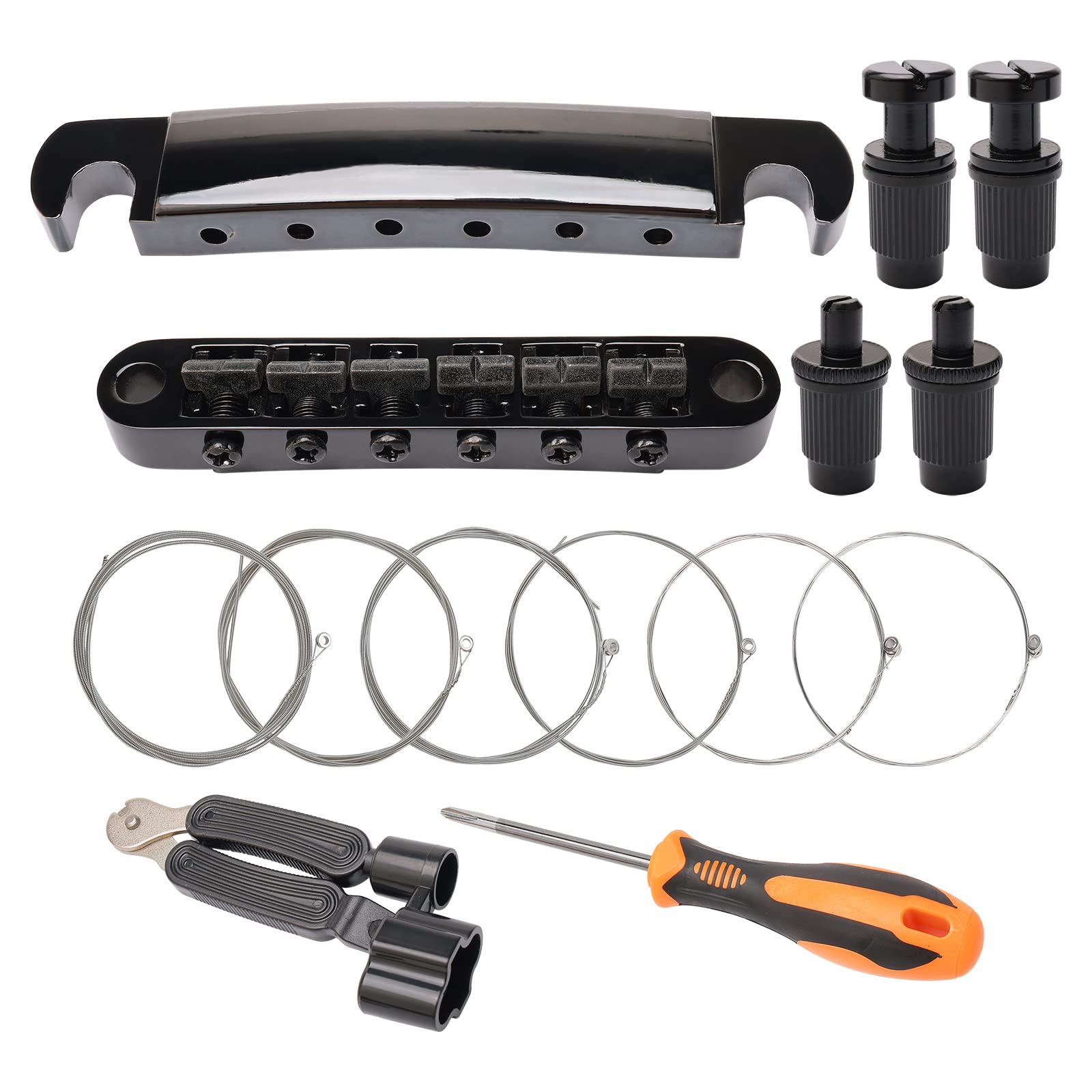 Unxuey Combo Kits 6 String Black Tune-O-Matic Guitar Bridge Tailpiece for LP Electric Guitar Replacement Parts,Include Guitar Mounting Accessories Strings +String Winder 3 IN 1 +Screwdriver