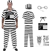 Yywsya 6Pcs Prisoner Costume Men Black White Striped Jail Inmate Costume Prison Outfit Halloween Convict Cosplay Uniform