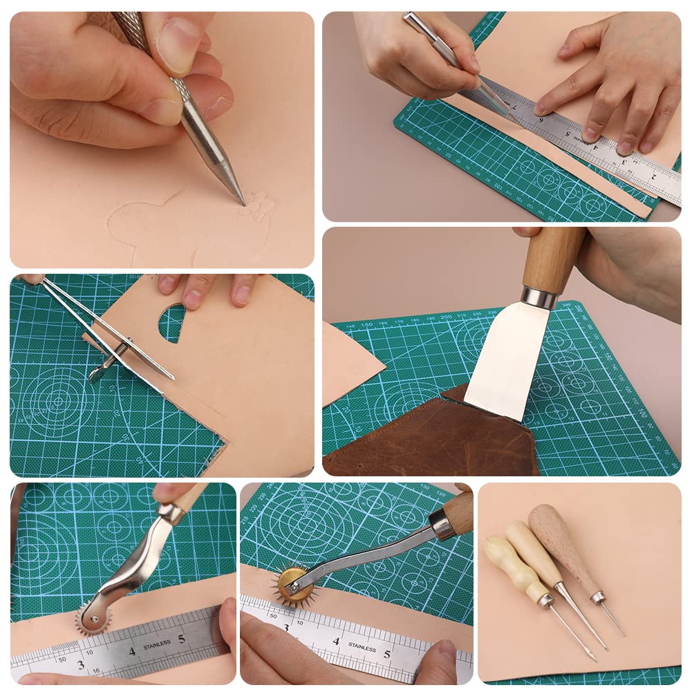 Leather Working Kit, Leather Tools, Working Tool Kits with Stamping Tools Storage Bag Cutting Mat Prong Punch Waxed Thread Stitching Groover for DIY Craft