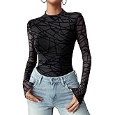 Zeagoo Womens Floral Mesh Long Sleeve Tops See Through Going Out Blouses Mock Neck Sheer Party Outfits Shirts S-XXL