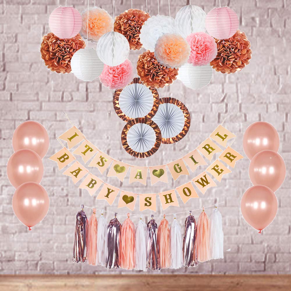 Rose Gold Baby Shower Decorations Its A Girl Banner Balloons Pink