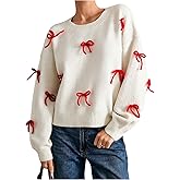 WDIRARA Women's Bow Sweaters Cute Crew Neck Long Sleeve Pullovers Knit Tops