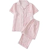 Milumia Women's 2 Piece Pajama Sets Plaid Short Sleeve Button Down Shirt Top and Bow Pants Set