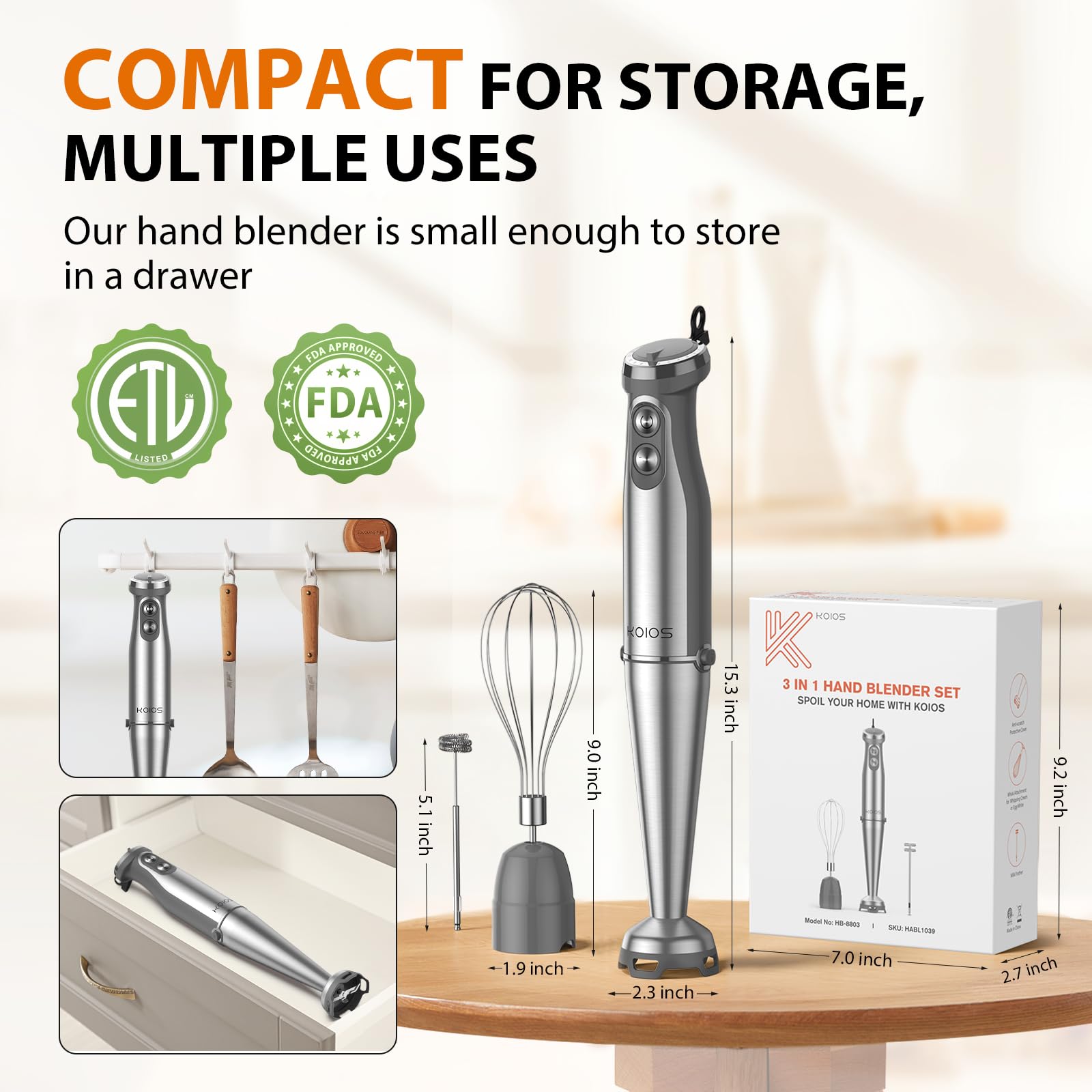 KOIOS Immersion Blender, 1000W Anti-scratch 3-in-1 Hand Blender, Upgraded 12 Speed Stainless Steel Blade Stick Blenders with Turbo Mode, Whisk and Milk Frother, Non-BPA