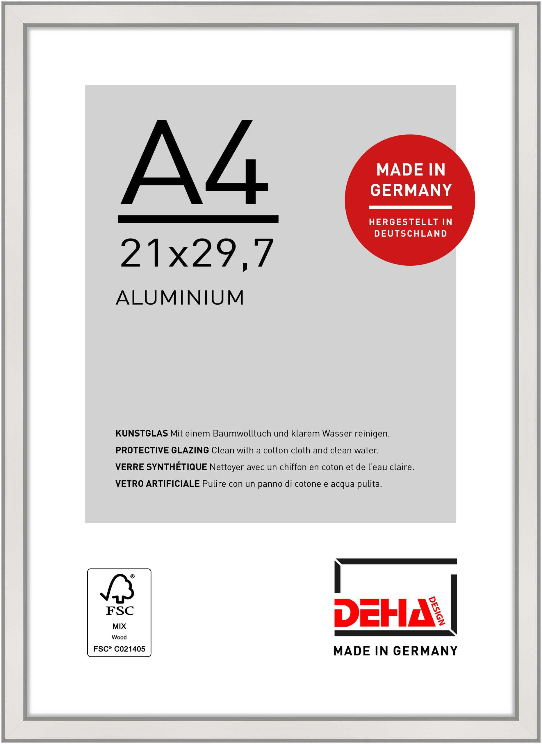 DEHA Design Boston Aluminium Picture Frame - A4 (21x29.7 cm) – Silver - with Synthetic Glass and Push/Turn Clips