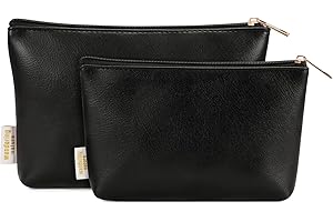 Wandering Nature Makeup Bag Small Cosmetic Bag for Purse 2 Pack Small Make Up Pouch Vegan Leather Cute Travel Pouch with Zipper for Women, Black