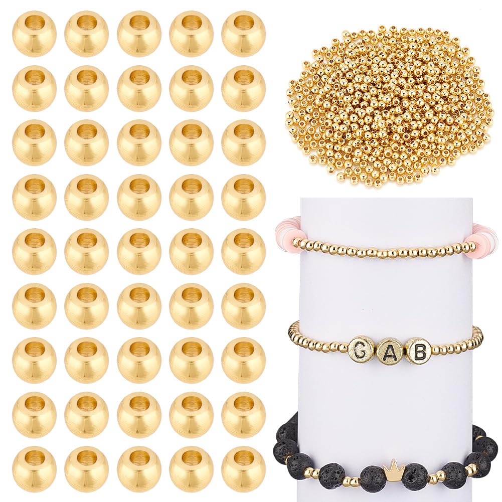 PH PandaHall 600PCS 18k Gold Plated Spacer Bead, 3mm Smooth Golden Beads Metal Loose Beads Tiny Ball Bead Round Spacers for DIY Bracelet Necklace Earring Jewellery Making Crafting