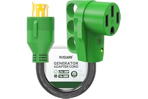 RVGUARD 4 Prong 30 Amp to 50 Amp RV Generator Adapter Cord 12 Inch STW, L14-30P Locking Male Plug to 14-50R Female with LED Power Indicator, Green