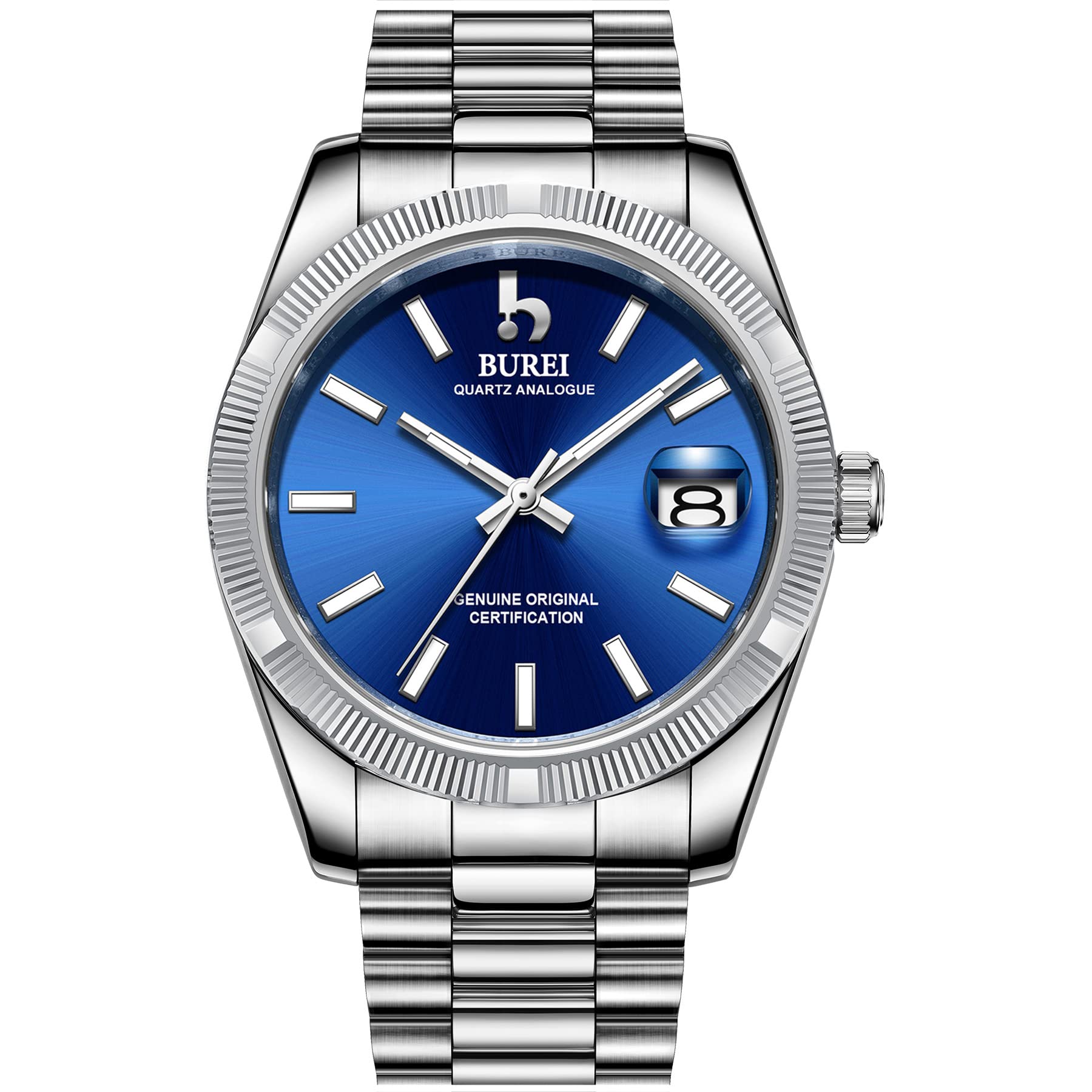 BUREI Men's Quartz Watch, Modern Analogue Dial with Date Window, Sapphire Glass, Stainless Steel Case and Strap, Green, Quartz Watch