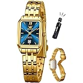 OLEVS Women's Small Gold Watch, Square Ladies Watches for Small Wrists, Dainty Fashion Luxury Dressy Analog Quartz Date Waterproof Wrist Watch for Women,Gold/Black/White/Blue/Green Face