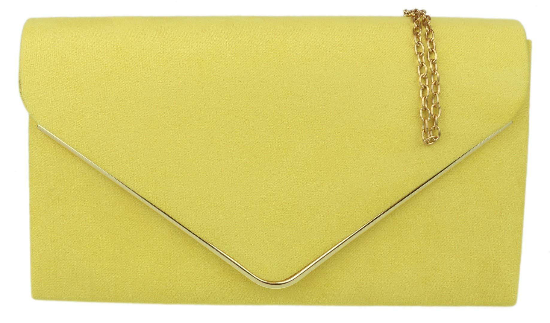 Girly Handbags Womens Faux Suede Clutch Bag Envelope Metallic Frame Handbag Yellow