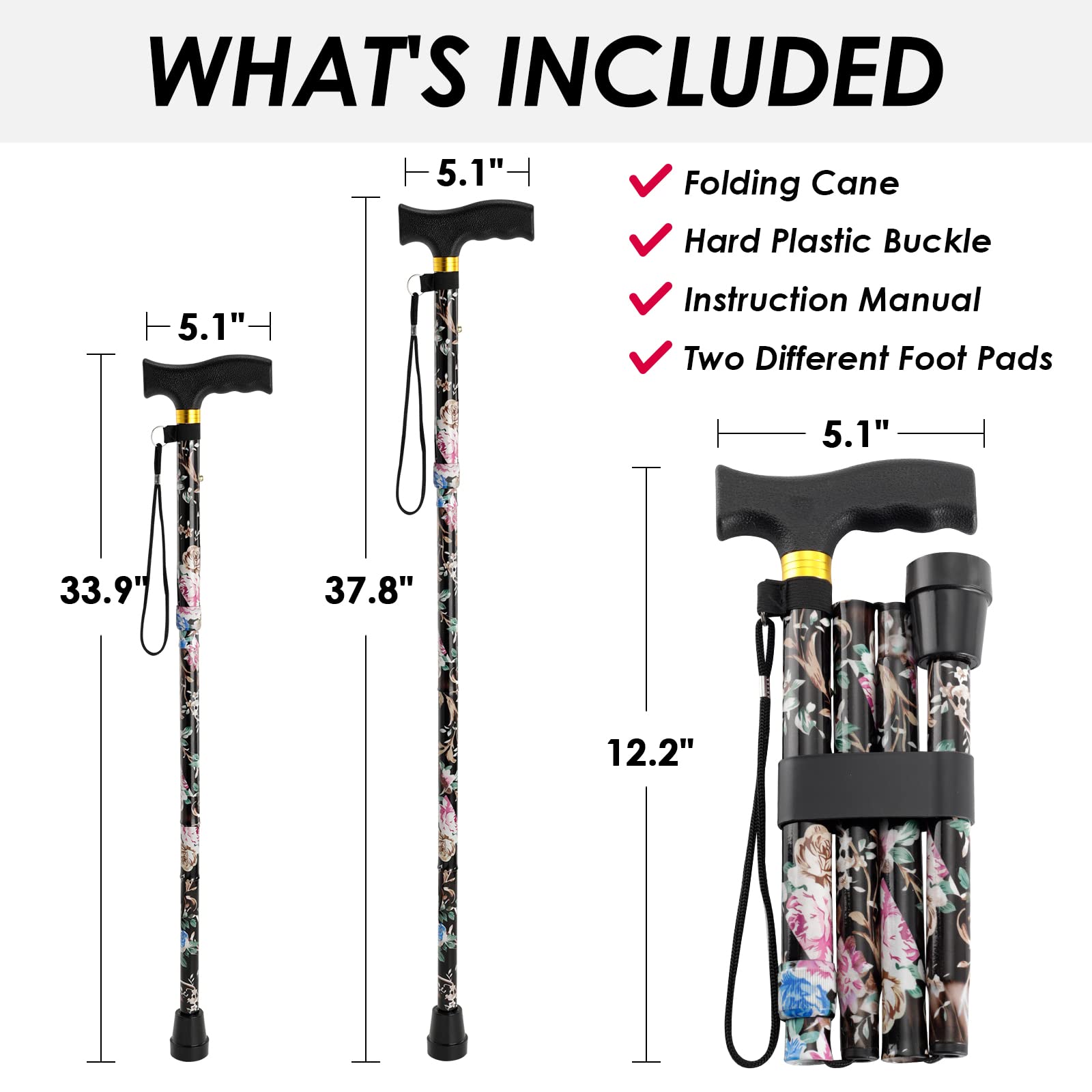 Walking Cane PANZHENG Cane for Man/Woman | Mobility & Daily Living Aids | 5-Level Height Adjustable Walking Stick | Comfortable Plastic T-Handle Portable Walking Stick Folding Cane