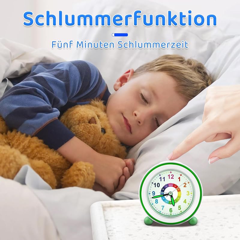 Kinderwecker ohne Ticken mit Schlummerfunktion und Nachtlicht, batteriebetriebener Lernwecker für Jungen und Mädchen, analoger Quarz-Wecker für Kinder (Grün)