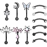 Drperfect 12 PCS Rook Piercing Jewelry Rook Earrings for Women Men Eyebrow Rings 16G Stainless Steel Curved Barbell Dangle CZ Belly Lip Ring Cartilage Daith Surface Tragus Piercing Jewelry