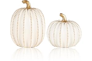 GoGnome Set of 2 White & Gold Decorative Pumpkins – Resin Fall Harvest Table Centerpiece, Elegant Autumn Décor for Thanksgiving Decoration Farmhouse Home (White)