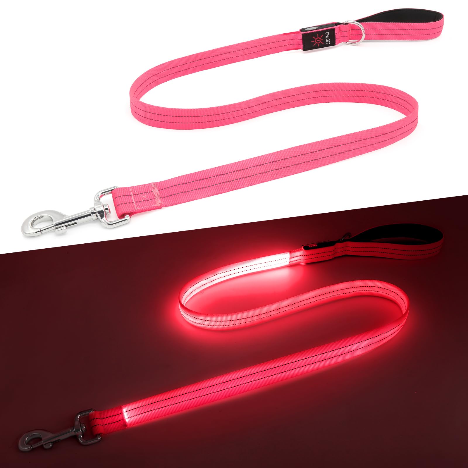 Kpuplol LED Dog Leash for Night Walking - 1600FT USB-Rechargeable Reflective & Glow-in-the-Dark Leash with Padded Handle, Safety Light Up Lead for Small Medium Large Dogs (Pink)