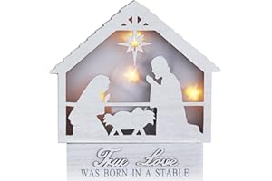 MEETYAMOR Nativity Sets for Christmas Indoor, Large Size LED Nativity Scene Wooden Block with True Love was Born in a Stable Sign Christmas Decor,Christmas Decorations Indoor for Home, Mantle, Table