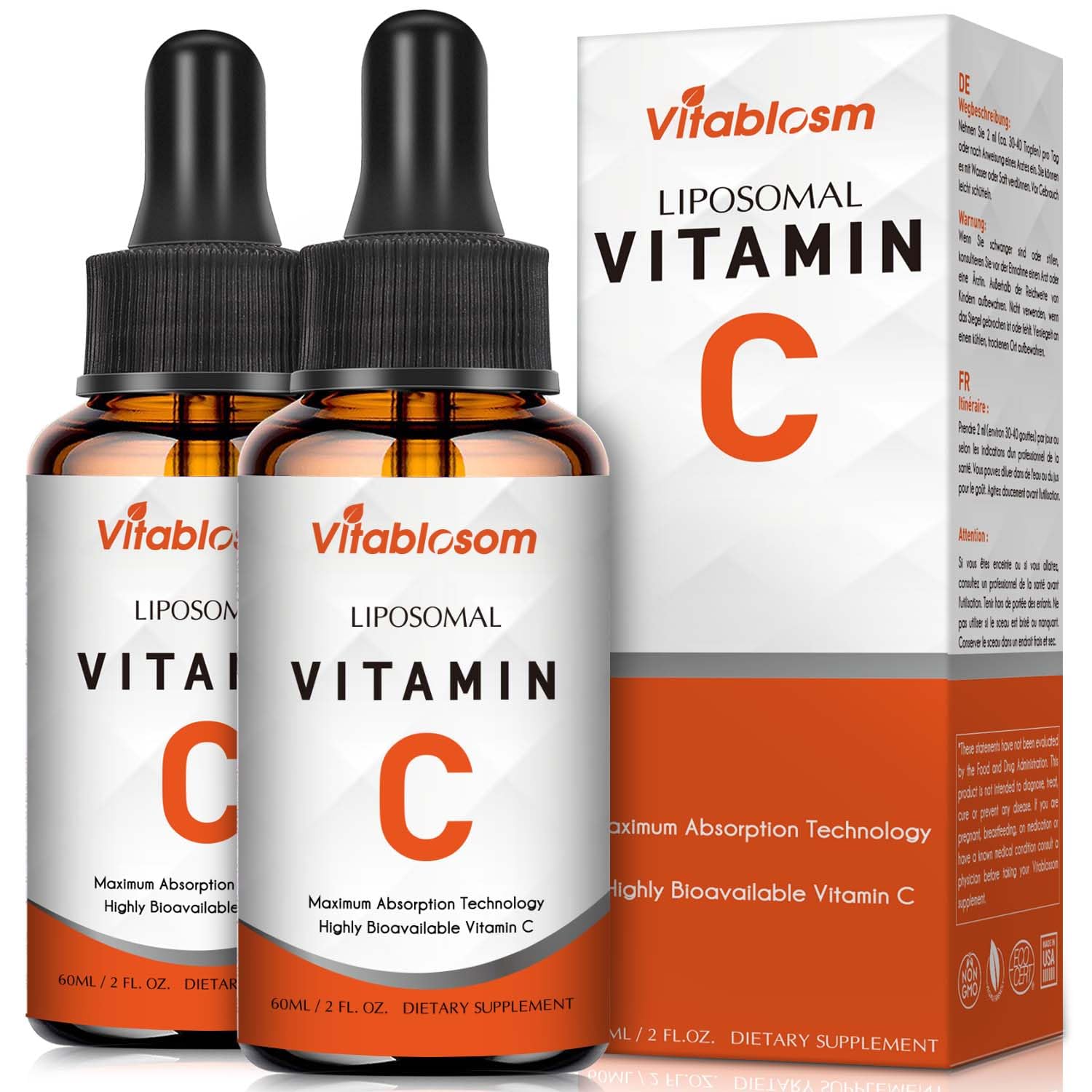 Vitablosom Liposomal Vitamin C 2000mg Liquid for Adults, High Absorption VIT C, Maximize Vitamin C, Immune System & Antioxidant Support, 60ML (2 Bottle) Image