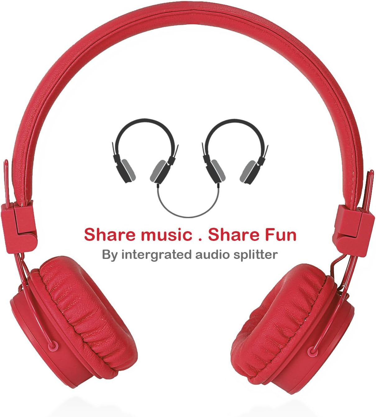 Termichy Wired Kids Headphones for Kids Music Sharing, Lightweight and Foldable, Adjustable for Stereo Headset Cellphones Smartphones iPhone iPod Laptop Computer-Red