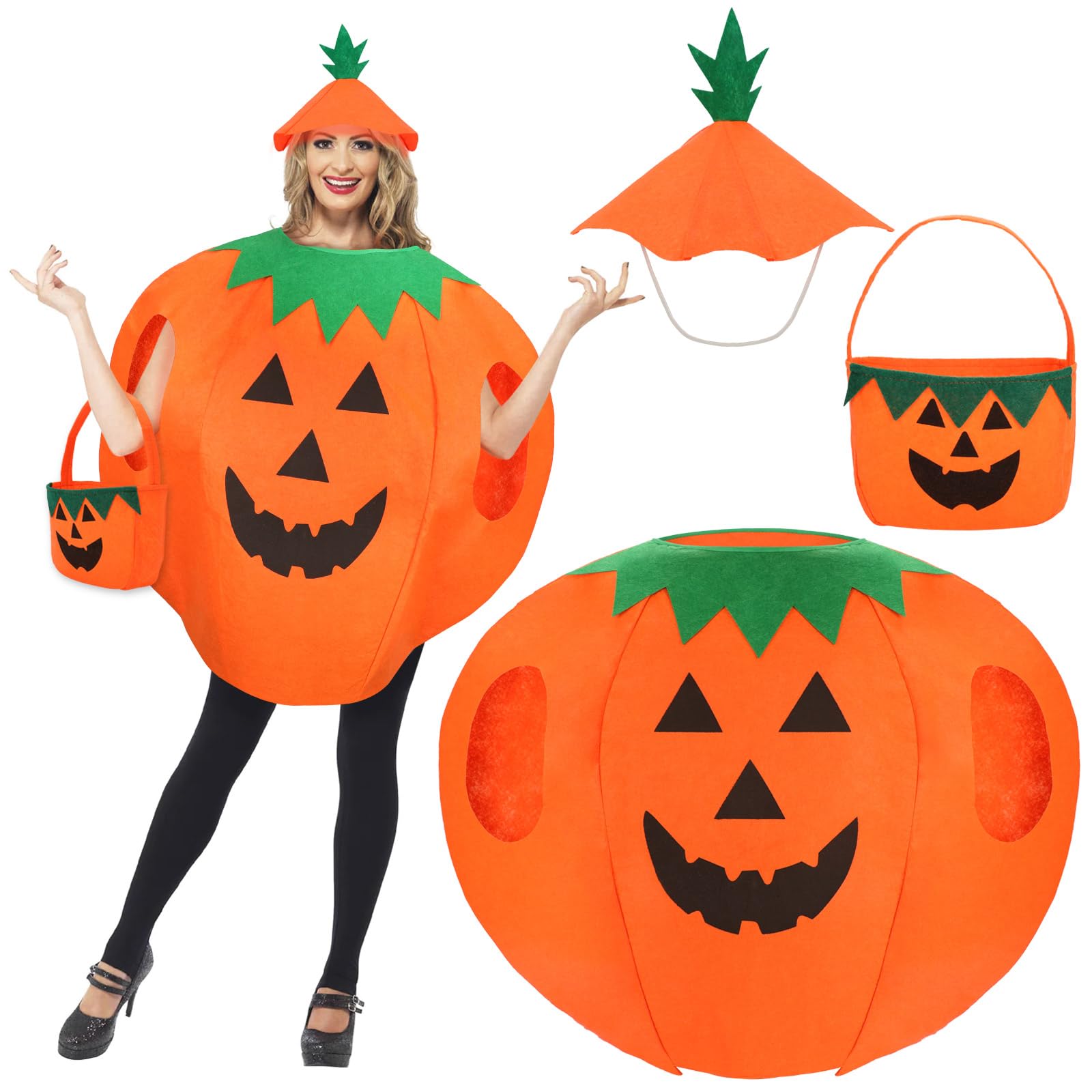 Hifot Pumpkin Costume Adult Set, 3PCS Bag Hat Funny Halloween for Women Men Unisex, Cute Party Cosplay Role Play Fancy Dress, Orange-l