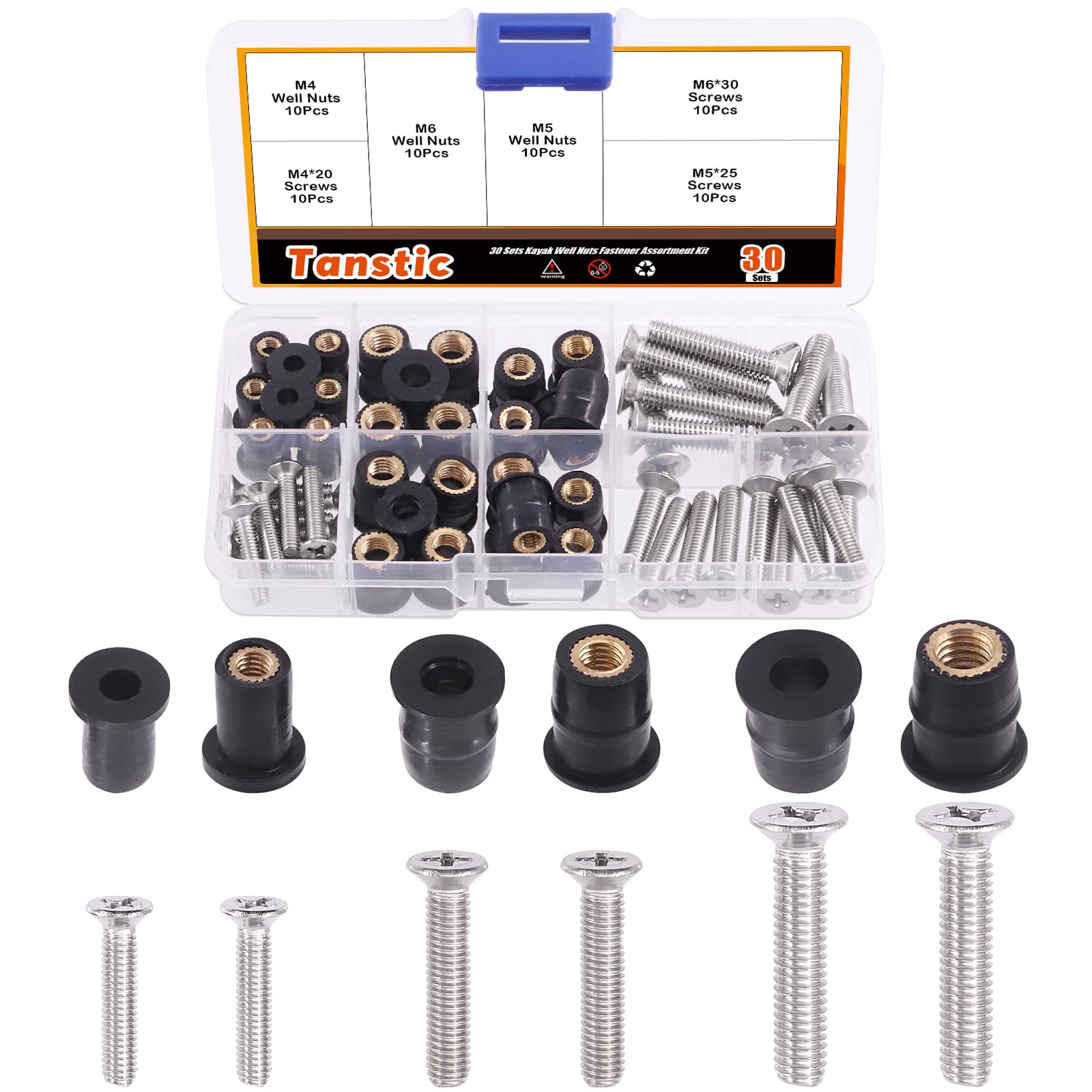 Tanstic 60Pcs M4 M5 M6 Neoprene Well Nut with 20mm 25mm 30mm Stainless Steel Pozi Screws Assortment Kit for Windscreens, Trucks, and Motorcycles
