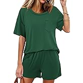 Ekouaer Women's 2 Piece Pajama Sets Short Sleeve Lounge Sets Soft Round Neck Top and Shorts Sleepwear