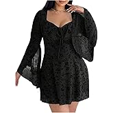 BEAUDRM Women's Plus Size Goth Dress Long Bell Sleeve Bow Tie Dresses Vintage Floral Fall Mini Dresses Party Club Outfits