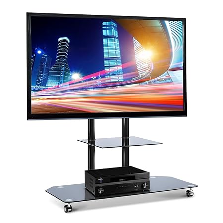 auna Electronic-Star TV Halterung Standfuß Ständer (Halterung inkl. 2 Bodenplatten, Fernsehtisch auf Rollen, 2 Etagen, Gestän