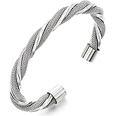 COOLSTEELANDBEYOND Stainless Steel Cable Cuff Bracelet for Men Women, Interwoven Twisted Cable Bangle, Elastic Adjustable