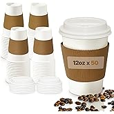 12oz Disposable Coffee Cups with Lids and Sleeves – Set of 50 Disposable Cups for Hot and Cold Drinks – White Paper Cups with