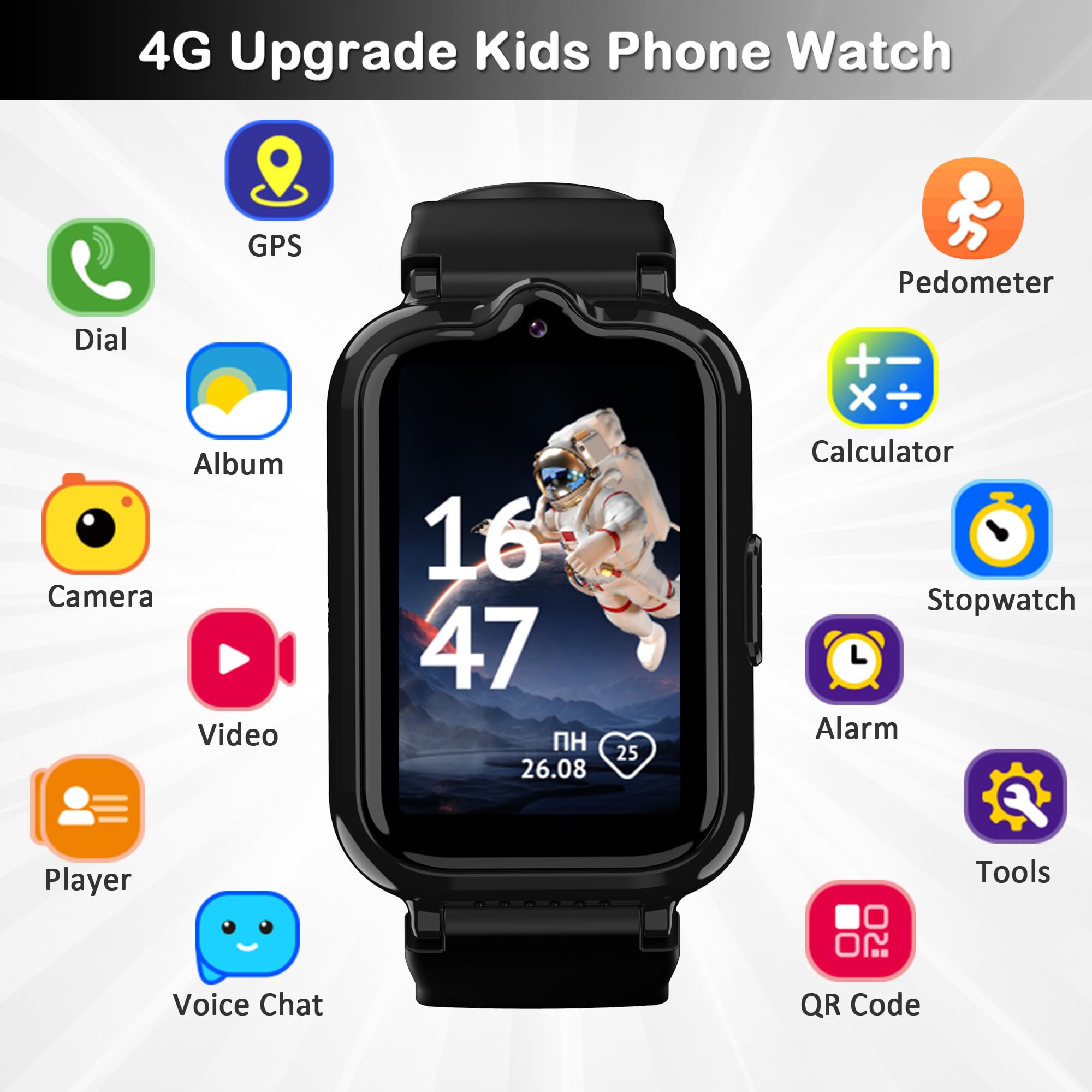 Phyulls 4G Kids Smart Watch with GPS Tracker & Video Calling Kids Cell Phone Watch for Boys Age 5-12, SOS Call Video Voice Chat Camera Alarm Clock Pedometer GPS Tracker Watch for Kids