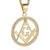 HZMAN Gold Plated Cz Inlay Masonic College Style GOLD Color Stainless Steel Pendant Necklace for Men