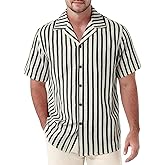JEMITOP Men's Classic Striped Seersucker Cuban Collar Shirt Short Sleeve Button Down Texture Shirts for Beach Vacation