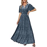 Amegoya Women's Velvet Short Sleeve V Neck Formal Wedding Guest Maxi Dresses Fall Evening Party Long Dresses