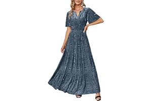 Amegoya Women's Velvet Short Sleeve V Neck Formal Wedding Guest Maxi Dresses Fall Evening Party Long Dresses