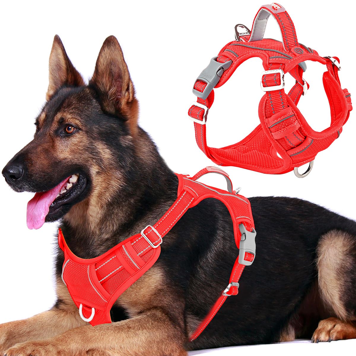 BARKBAY No Pull Dog Harness Front Clip Heavy Duty Reflective Easy Control Handle for Large Dog Walking with ID tag Pocket(Red,XL)
