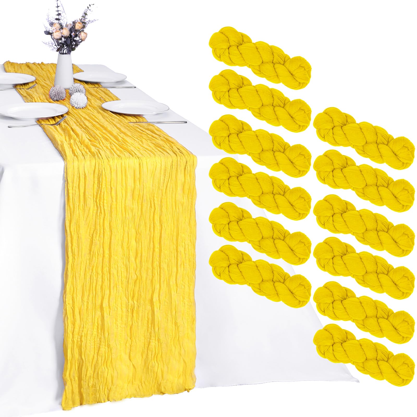 RestfulGlow 12 Pack Yellow Cheesecloth Table Runner 10FT Cheese Cloth Boho Gauze Fabric Table Runner 35 x 120 Inch Rustic Sheer for Easter Spring Holiday Wedding Decor Baby Shower Party Image