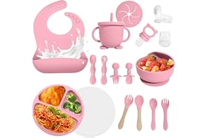 CATVEGUE Baby Led Weaning Supplies, 17 Piece BPA-Free Silicone Feeding Set, Eating Essentials Baby Utensils with Suction Plate and Bowl, Pocket Bib, Sippy Cup with Lid, for 6+ Months, Pink
