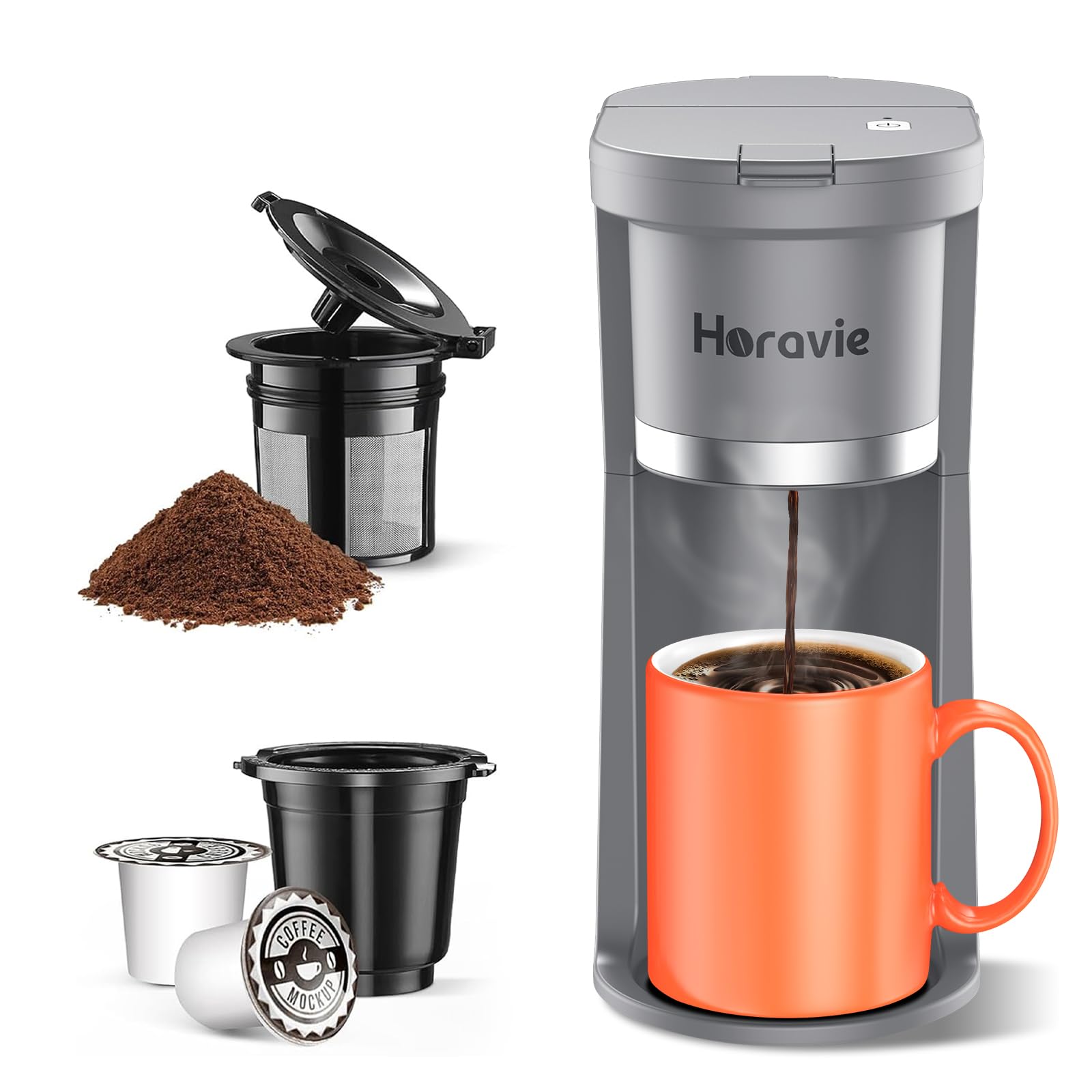 Photo 1 of ***(PARTS ONLY/ MAJOR DAMAGE/ NON FUNCTIONAL)***Horavie Small Single Serve Coffee Maker, Fast Brew One Cup Coffee Machine for K Cup and Grounds, 6 to 12 oz. Brew Sizes, Capsule Coffee Machine with Descaling Reminder and Viewing Tank, Grey