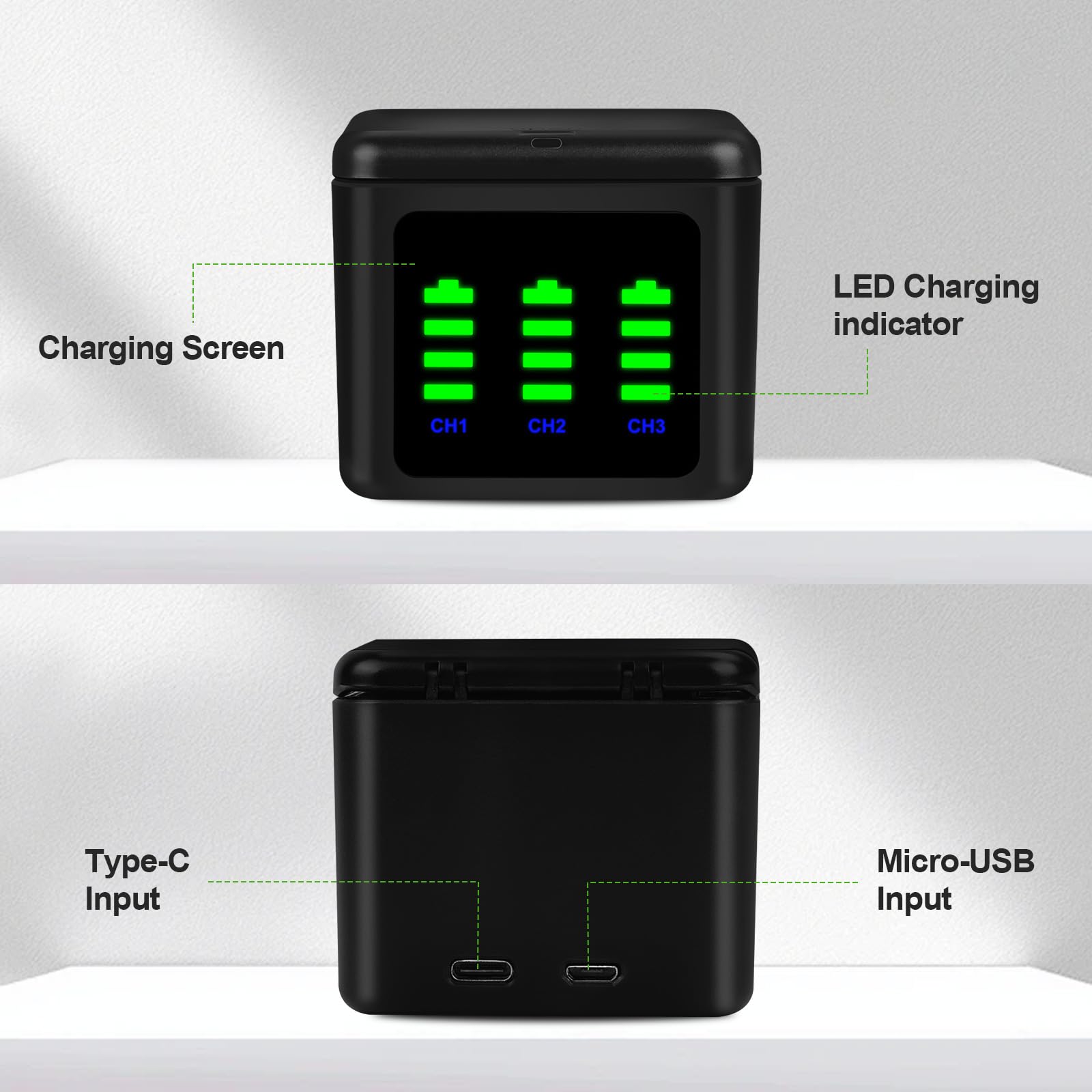 Battery Charger Kits for GoPro Hero 12 11 10 9 Black, 3-Pack 2000mAh Replacement Batteries + Triple Charge Case with Type-C Charging Cord for Go Pro 12 11 10 9 Official Batteries Accessories