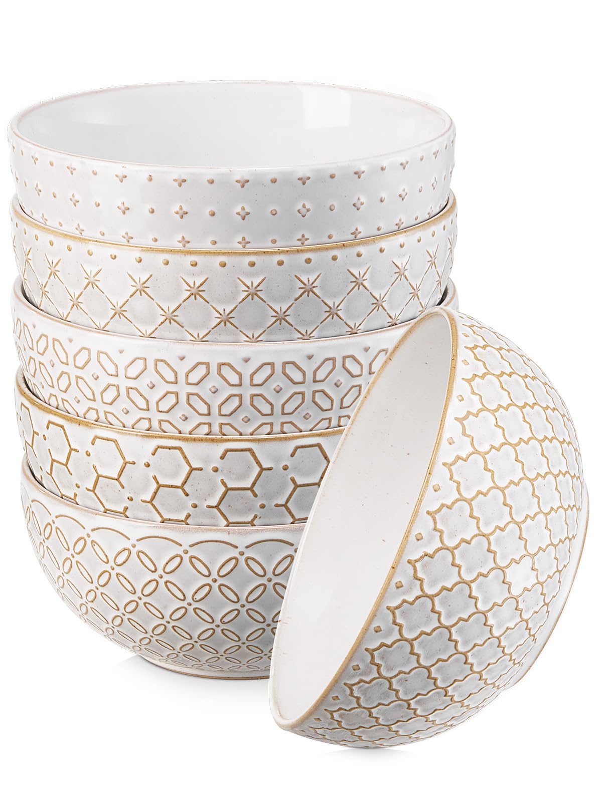 800ml Cereal Bowls Set of 6, Φ15.2cm Embossed Soup Bowls for Kitchen, Large Ceramic Deep Bowls for Oatmeal, Salad, Pho, Fruits, Noodle, Ramen, Microwave Dishwasher Safe | Vintage White — image 1